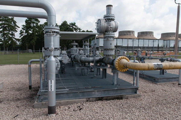 A photo of a large gas valve system.